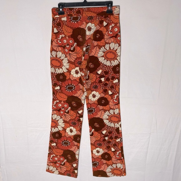 Zara Retro Vintage Orange Flower Print High Rise Flare Leg Pants M - Picture 15 of 16